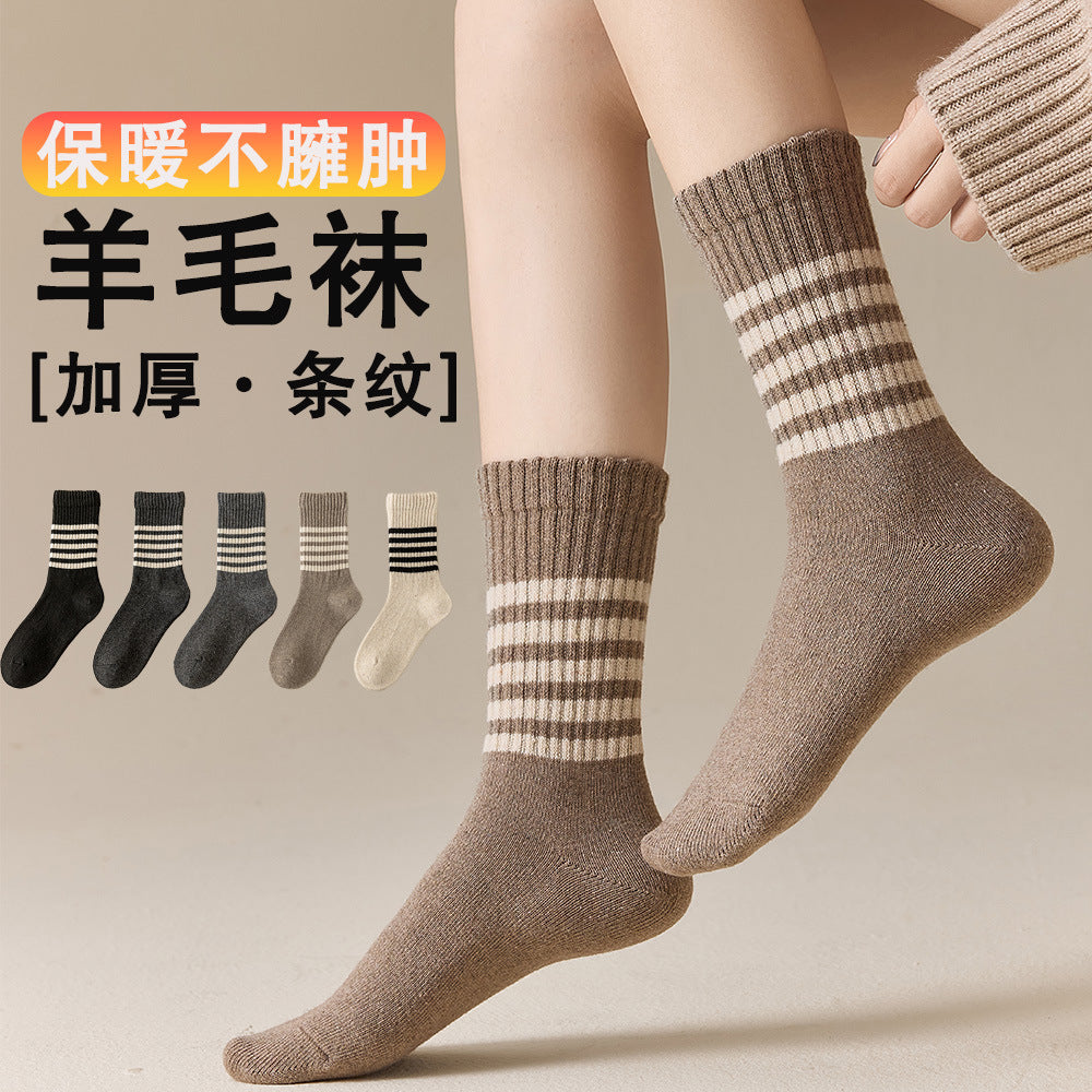 秋冬新款日系羊绒袜子女韩版条纹袜子学院风中筒堆堆袜加厚长袜女