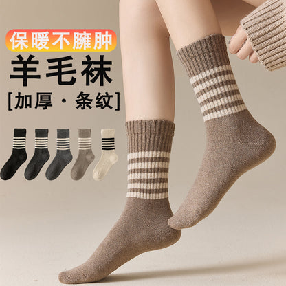 秋冬新款日系羊绒袜子女韩版条纹袜子学院风中筒堆堆袜加厚长袜女