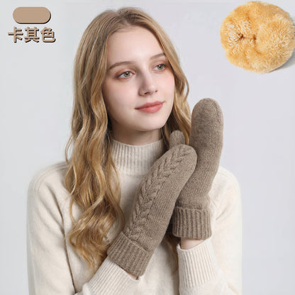 新款包套手套女士秋冬季双层加绒加厚保暖防寒针织手套连指手套