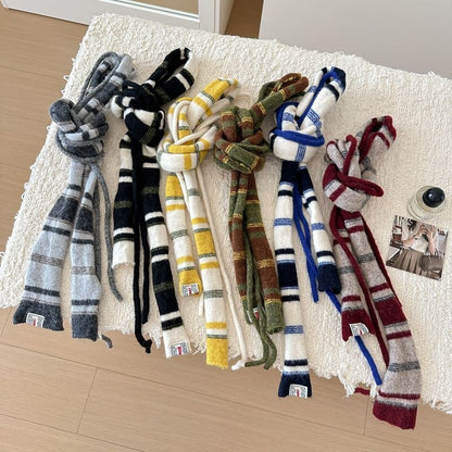 y2k彩虹条纹针织小围脖长条窄版围巾女新款时尚百搭细长条窄围巾