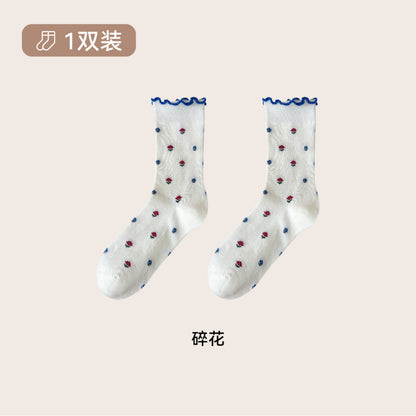 远润家秋冬新款麻灰碎花中筒女袜立体浮雕韩系花边无骨堆堆