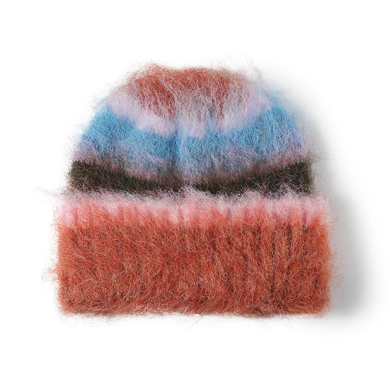 Red fuzzy multicolor striped cuffed beanie product view
