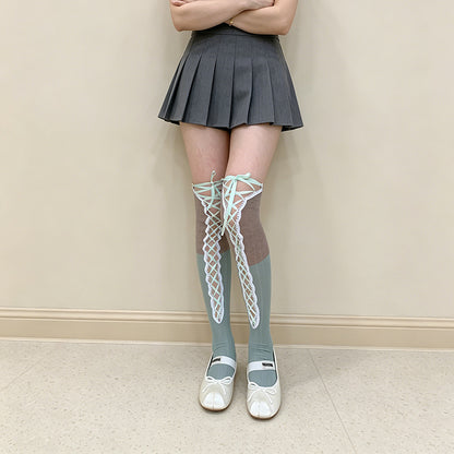 Product image for Rufia - Color-Blocked Panels Over-The-Knee Socks (Gray / Blue)