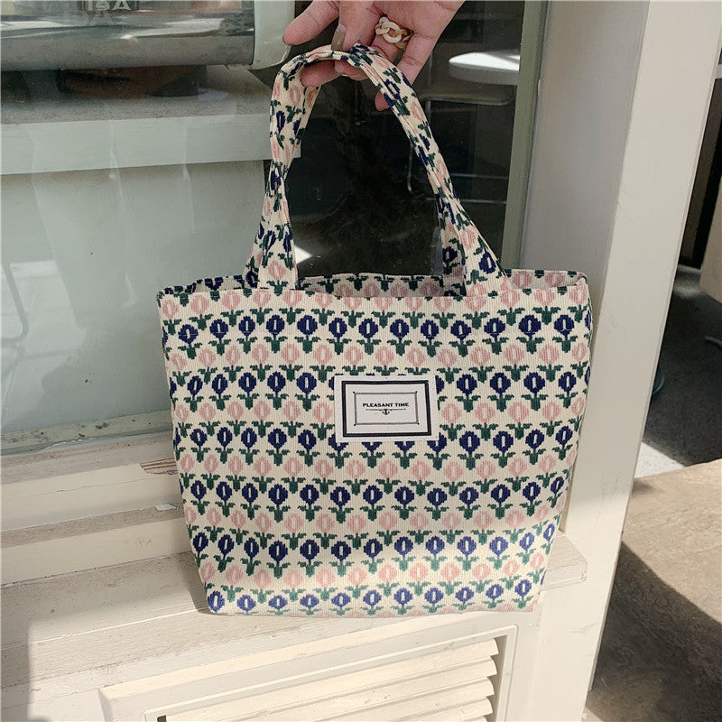 Corduroy Tote Bag with Floral Pattern