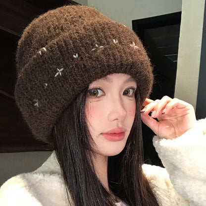 2026新款白色简约针织毛线帽女冬季加厚保暖护耳帽子显脸小包头帽