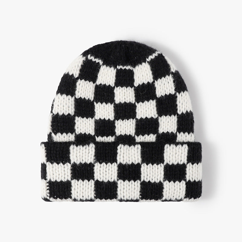 Black White checkerboard knit cuffed beanie