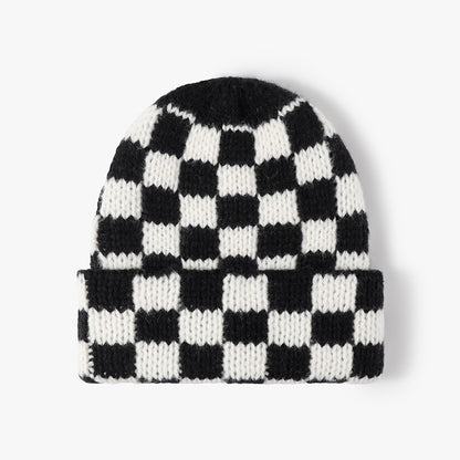 Black White checkerboard knit cuffed beanie