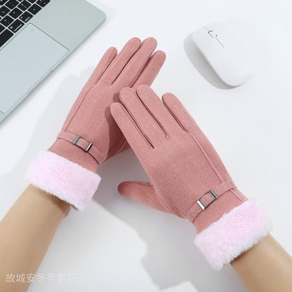 Gloving - Fuzzy Turned-Cuff Buckle Gloves
