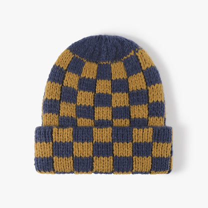 Mustard Blue checkerboard knit cuffed beanie