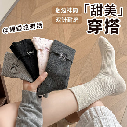 阿程家批发袜子点子纱女春秋中筒袜蝴蝶结刺绣JK洛丽塔双针堆堆袜