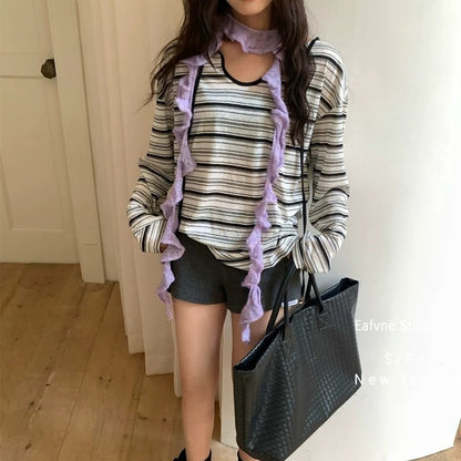 显白荷叶叠搭春秋纯色针织围巾女长条新款设计感围脖y2k辣妹领巾