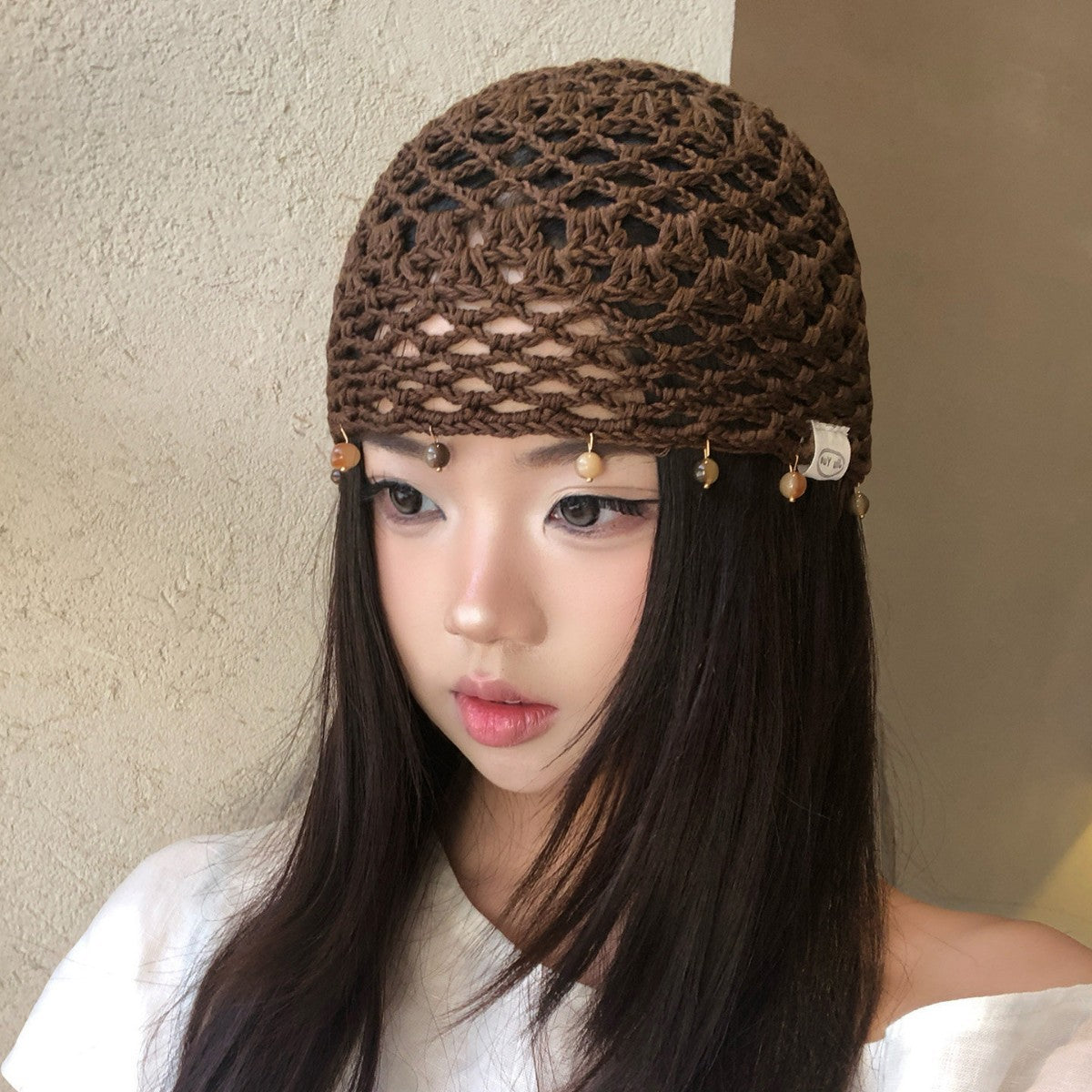 Haila - Solid Color Openwork Bead Charm Beanie