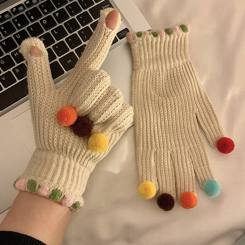Gloving - Multicolor Pom-Pom Ribbed Gloves