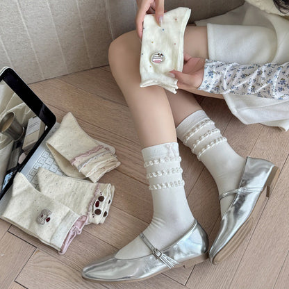 奶油袜子女甜美蝴蝶结蛋糕花边中筒袜日系点子纱学院风卡通堆堆袜