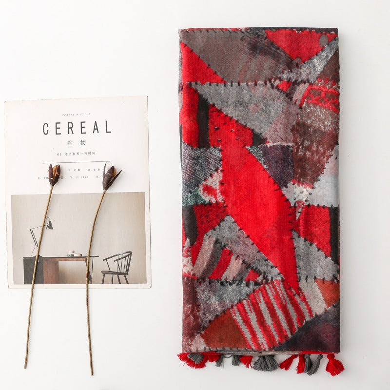 Mosaic Red Gray Geometric Mosaic Tassel Scarf, product detail view