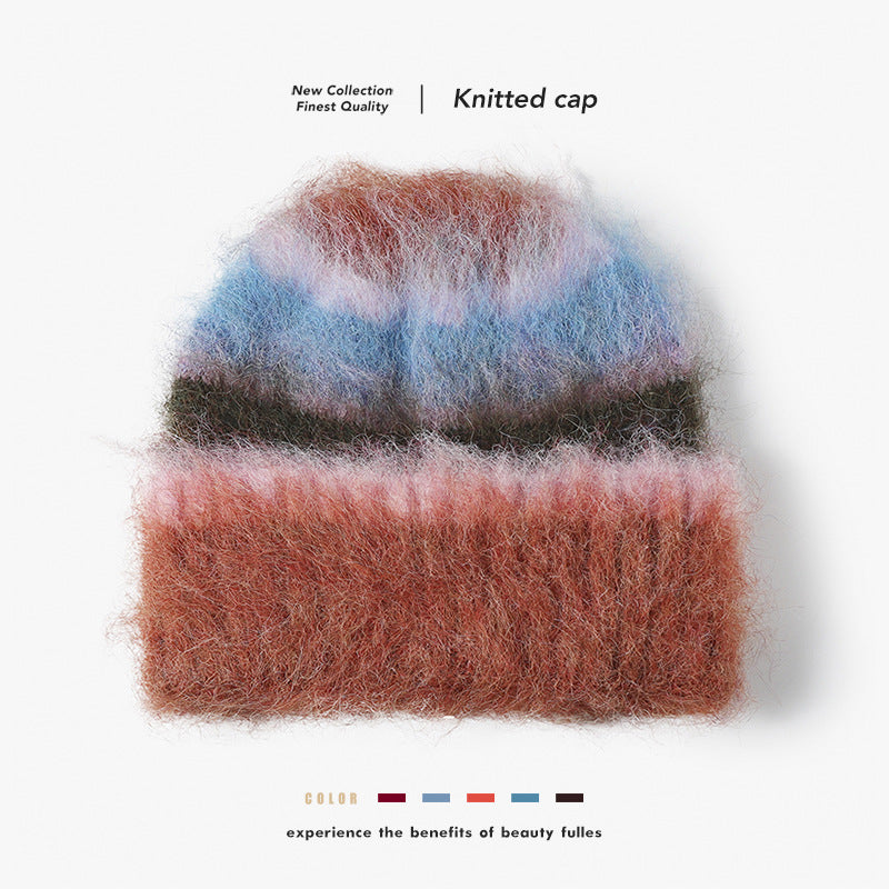 Red fuzzy multicolor striped cuffed beanie product view