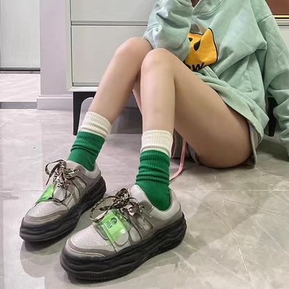 双罗口袜子假两件BV绿色拼接袜子 百搭拼色中筒袜 情侣休闲运动袜