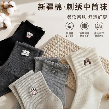 春秋卡通刺绣无骨中筒袜女士蝴蝶结花边透气亲肤可爱休闲长袜