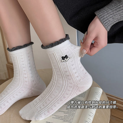 可爱袜子女秋季中筒袜无骨卡通小狗ins潮灰色长袜秋冬蝴蝶结女袜