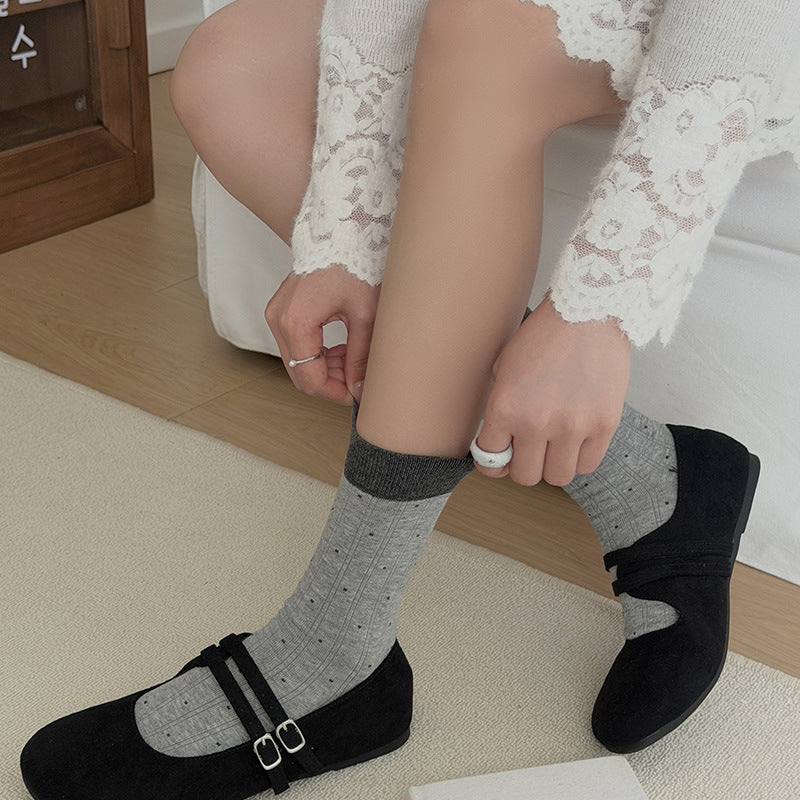 秋季袜子女日系复古波点中筒袜细点拼色罗口堆堆袜无骨学生长袜