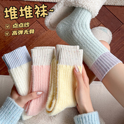 阿程家批发超柔澳绒秋冬加绒加厚保暖中筒马卡龙拼色百搭女袜堆堆