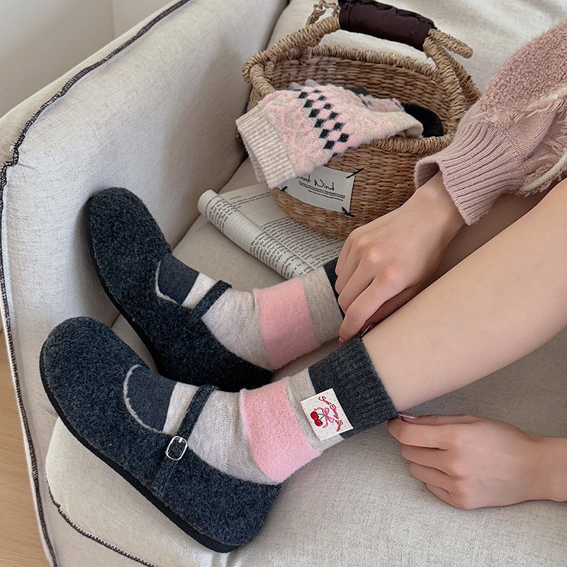 袜子女秋冬季暖云绒蝴蝶结加绒羊毛中筒袜居家保暖蝴蝶结月子袜