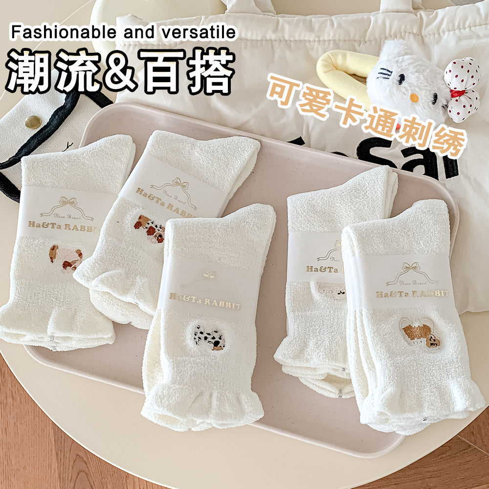 软糯细腻牛奶绒袜子女秋冬加厚保暖刺绣花边堆堆袜可爱中筒堆堆袜