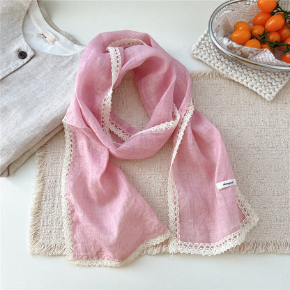 Product image for Scarvii - Lightly Sheer Openwork Lace-Trim Scarf (Pink)
