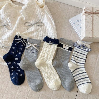 韩国袜子女甜美蝴蝶结饰品中筒袜日系碎花ins布标条纹花边堆堆袜