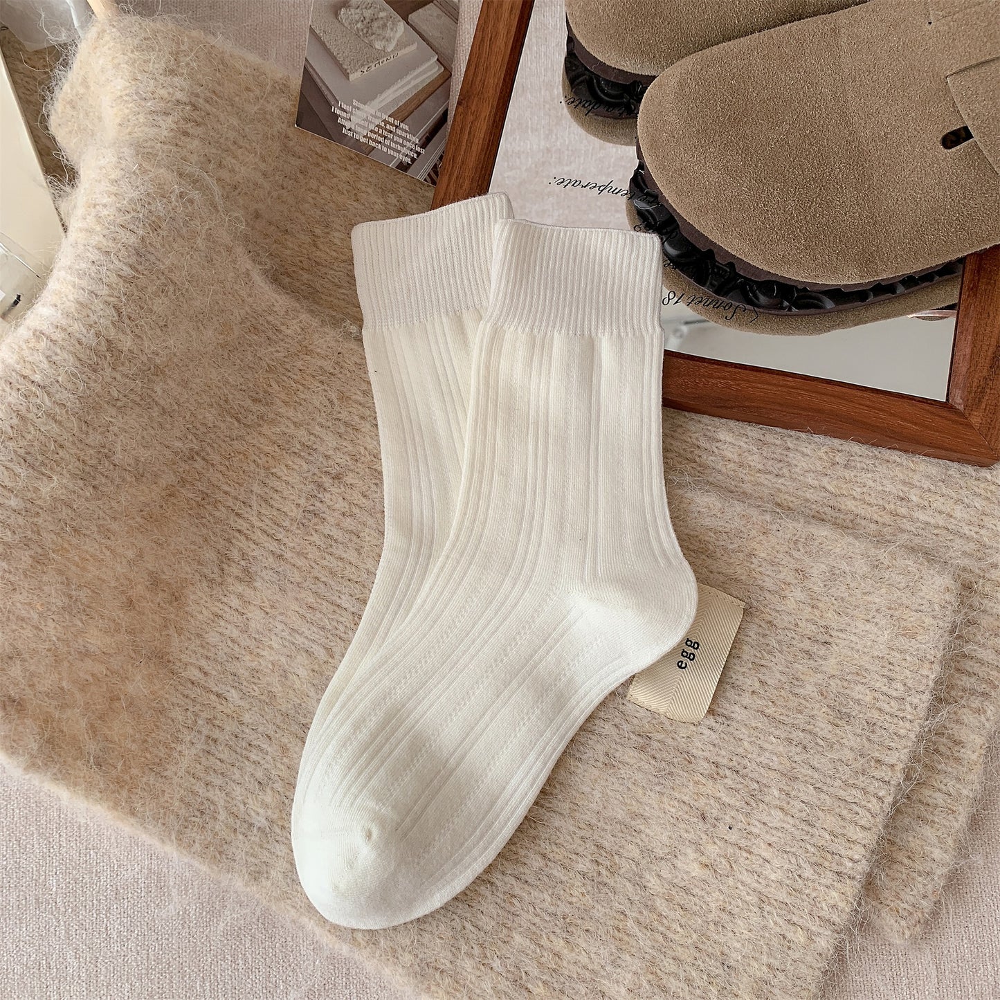 燕麦色袜子女秋冬棉袜百搭ins韩系奶茶堆堆袜女纯色无骨中筒长袜