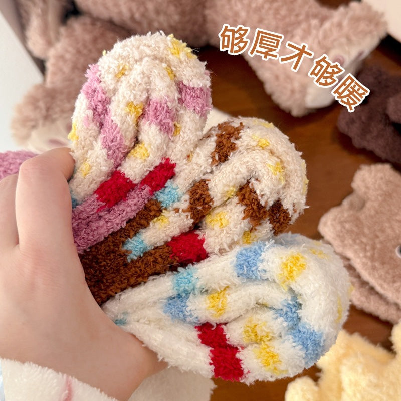 批发半边绒女秋冬保暖松口地板袜日系卡通毛绒月子睡眠袜小熊