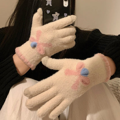 蝴蝶结分指手套女冬季ins加绒加厚毛绒保暖骑行针织可爱少女潮