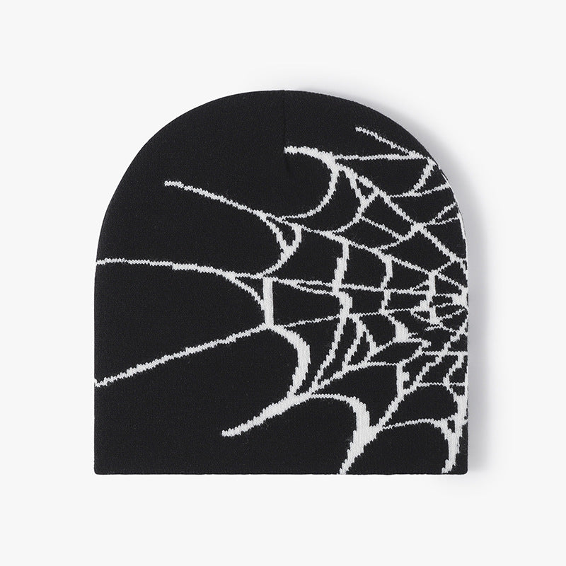 Black spiderweb graphic brimless knit beanie product view