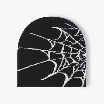 Black spiderweb graphic brimless knit beanie product view