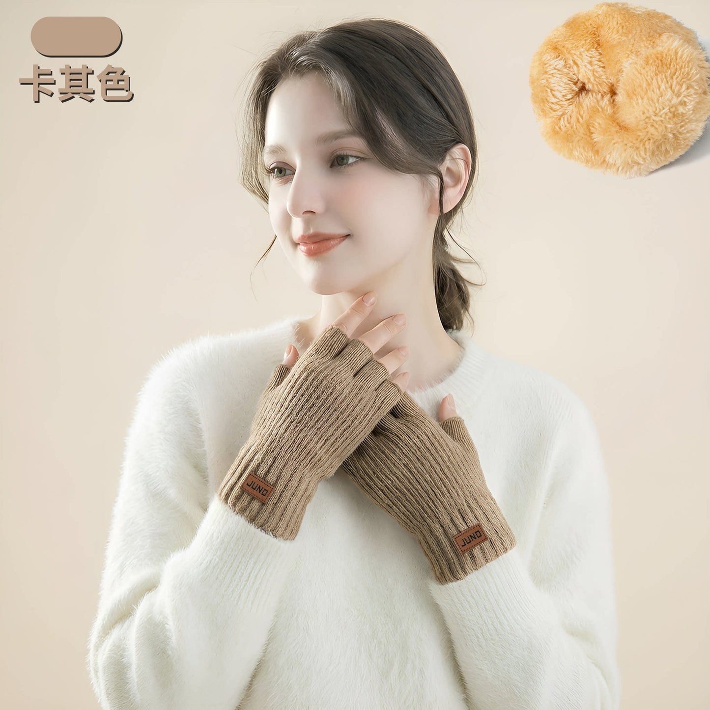 女士加厚漏指手套秋冬季针织加绒半截防寒写字保暖双层半指手套