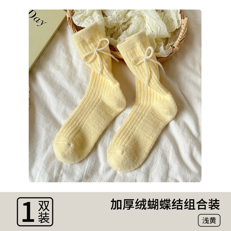 阿程家批发澳绒袜子女士秋冬加绒加厚中筒袜保暖冬季蝴蝶结堆堆袜