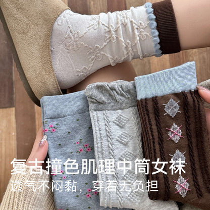 远润家秋冬复古撞色碎花菱格花边百搭袜子女无骨中筒棉袜女