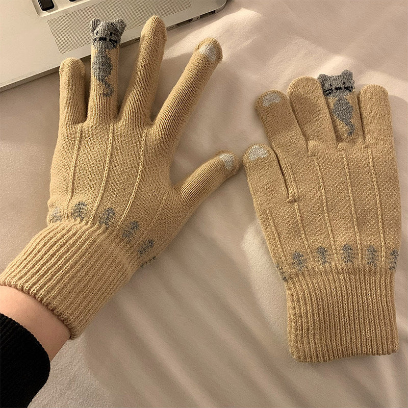 新年红色分指手套女冬天学生可爱猫咪韩版加厚毛绒骑行保暖冬季潮