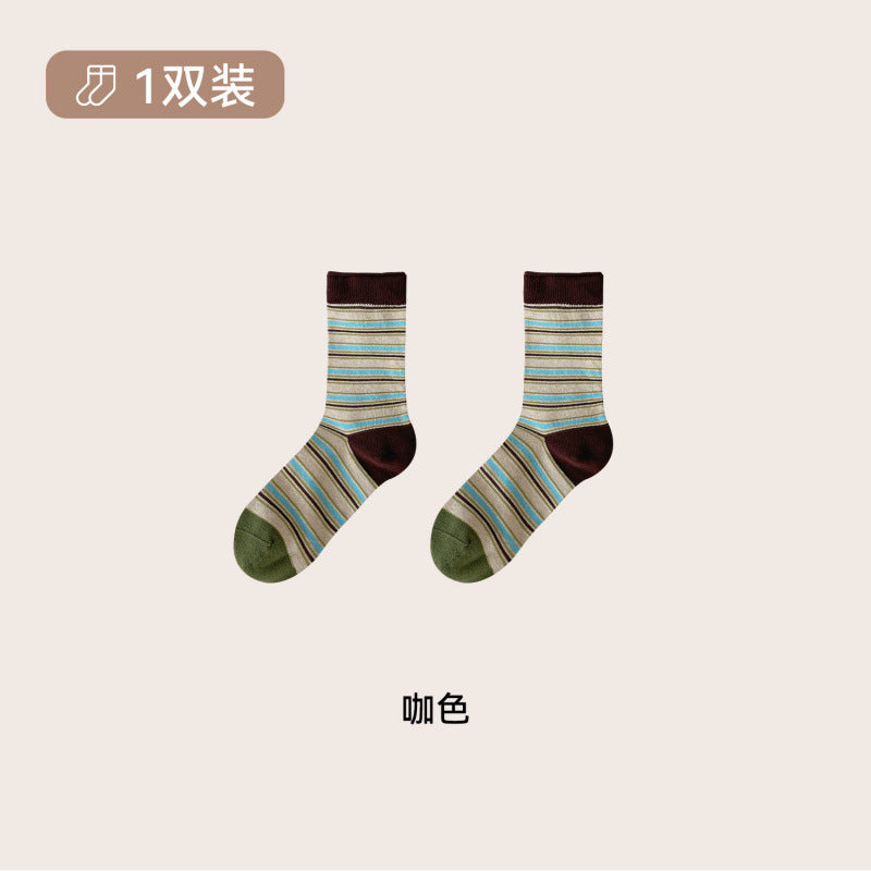 远润家秋冬复古条纹袜子女春百搭老钱风撞色无骨堆堆棉袜女