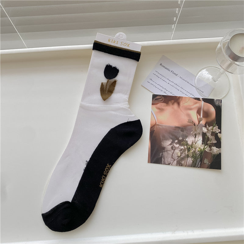 Rufia - Summer Black Tulip Floral Sheer Socks