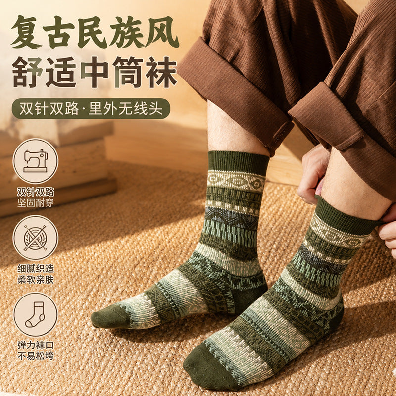 新款男士中筒袜秋冬款双针双路复古民族风亲肤保暖棉袜潮流长袜