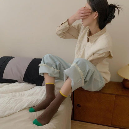 袜子女秋冬韩国ins撞色潮袜双针纯棉中筒袜男女抽条休闲百搭袜子