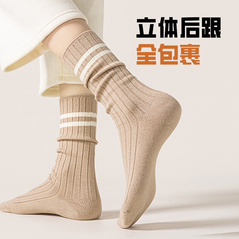 羊绒袜女秋冬季中筒加绒加厚保暖日系纯色粗条冬天羊绒堆堆长袜