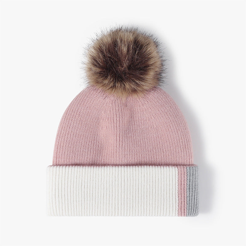 Pink colorblock plush lined pom knit beanie