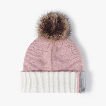 Pink colorblock plush lined pom knit beanie