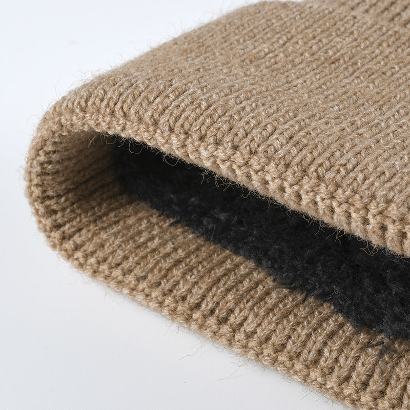 Navy faux fur-lined contrast patch knit beanie product view