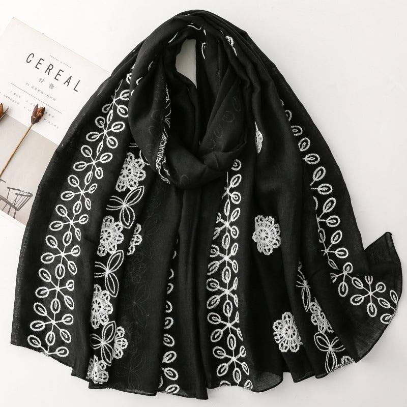 Black floral vine lightweight wrap scarf product view