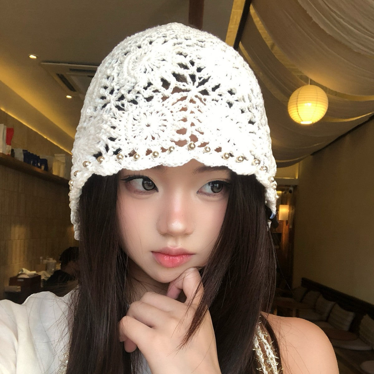 日系手工编织镂空花朵包头帽女春夏薄款透气氛围感显脸小套头帽子