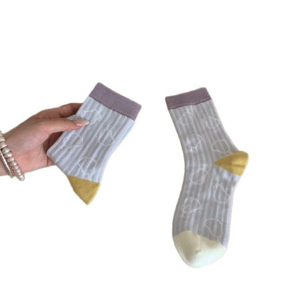 远润家复古文艺立体感浮雕条纹撞色中筒袜子女韩系百搭无骨多巴胺