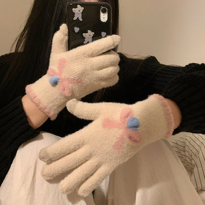 蝴蝶结分指手套女冬季ins加绒加厚毛绒保暖骑行针织可爱少女潮